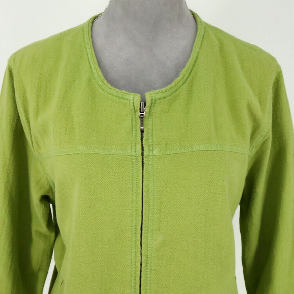 Chicos Jacket 1 Womens Medium 8 Green Full Zip Pockets Roll Tab Sleeve FLAW - Picture 14 of 16